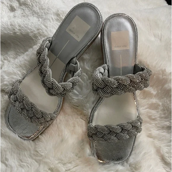 Ronin Rhinestone Braided Block-Heel Sandals Silver Size 9.5 - Picture 10 of 10